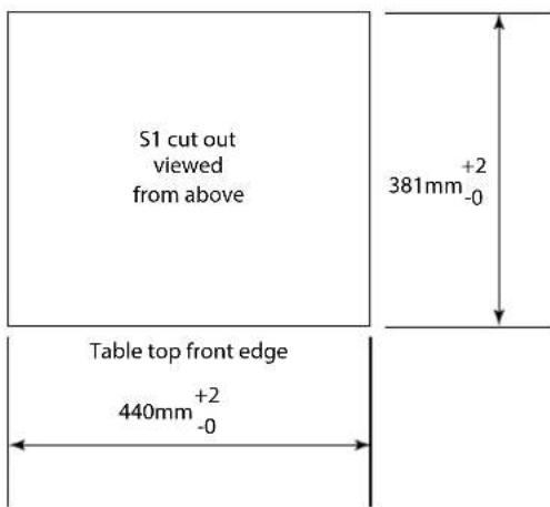 S1 cut out viewed from above 381mm-0 +2 Table top front edge 440mm-0