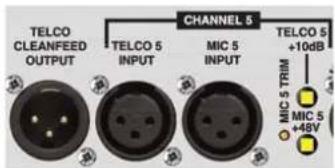 TELCO CLEANFEED OUTPUT CHANNEL 5 TELCO 5 INPUT MIC 5 INPUT TELCO 5 +10dB MIC 5 +48V