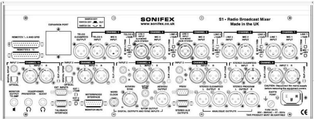SONIFEX www.sonifex.co.uk S1 - Radio Broadcast Mixer Made in the UK EXPANSION PORT TETLOO CLEANFEED OUTPUT CHANNEL 5 MIC 5 INPUT TELOO 5 +10Hz MIC 4 INPUT LINE 4 +10Hz LINE 3 INPUT MIC 3 INPUT CHANNEL 3 MIC 3 INPUT LINE 3 +10Hz CHANNEL 2 MIC 2 INPUT LINE 2 +10Hz CHANNEL 1 MIC 1 INPUT LINE 1 +10Hz CHANNEL 0 MIC 0 INPUT LINE 0 +10Hz CHANNEL 7 L INPUT 1 R STEREO CLEANFEED L INPUT R CHANNEL 4 L INPUT 1 R STEREO PROGRAM L OUTPUT R CHANNEL 5 MINT 5 +10Hz MINI 5 +10Hz MINI 6 +10Hz MINI 7 +10Hz MINI 8 +10Hz MINI 9 +10Hz MINI 10 +10Hz MINI 11 +10Hz MINI 12 +10Hz MINI 13 +10Hz MINI 14 +10Hz MINI 15 +10Hz MINI 16 +10Hz MINI 17 +10Hz MINI 18 +10Hz MINI 19 +10Hz MINI 20 +10Hz MINI 21 +10Hz MINI 22 +10Hz MINI 23 +10Hz MINI 24 +10Hz MINI 25 +10Hz MINI 26 +10Hz MINI 27 +10Hz MINI 28 +10Hz MINI 29 +10Hz MINI 30 +10Hz MINI 31 +10Hz MINI 32 +10Hz MINI 33 +10Hz MINI 34 +10Hz MINI 35 +10Hz MINI 36 +10Hz MINI 37 +10Hz MINI 38 +10Hz