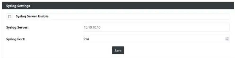 Syslog Settings □ Syslog Server Enable Syslog Server: 10.10.10.10 Syslog Port: 514 Save