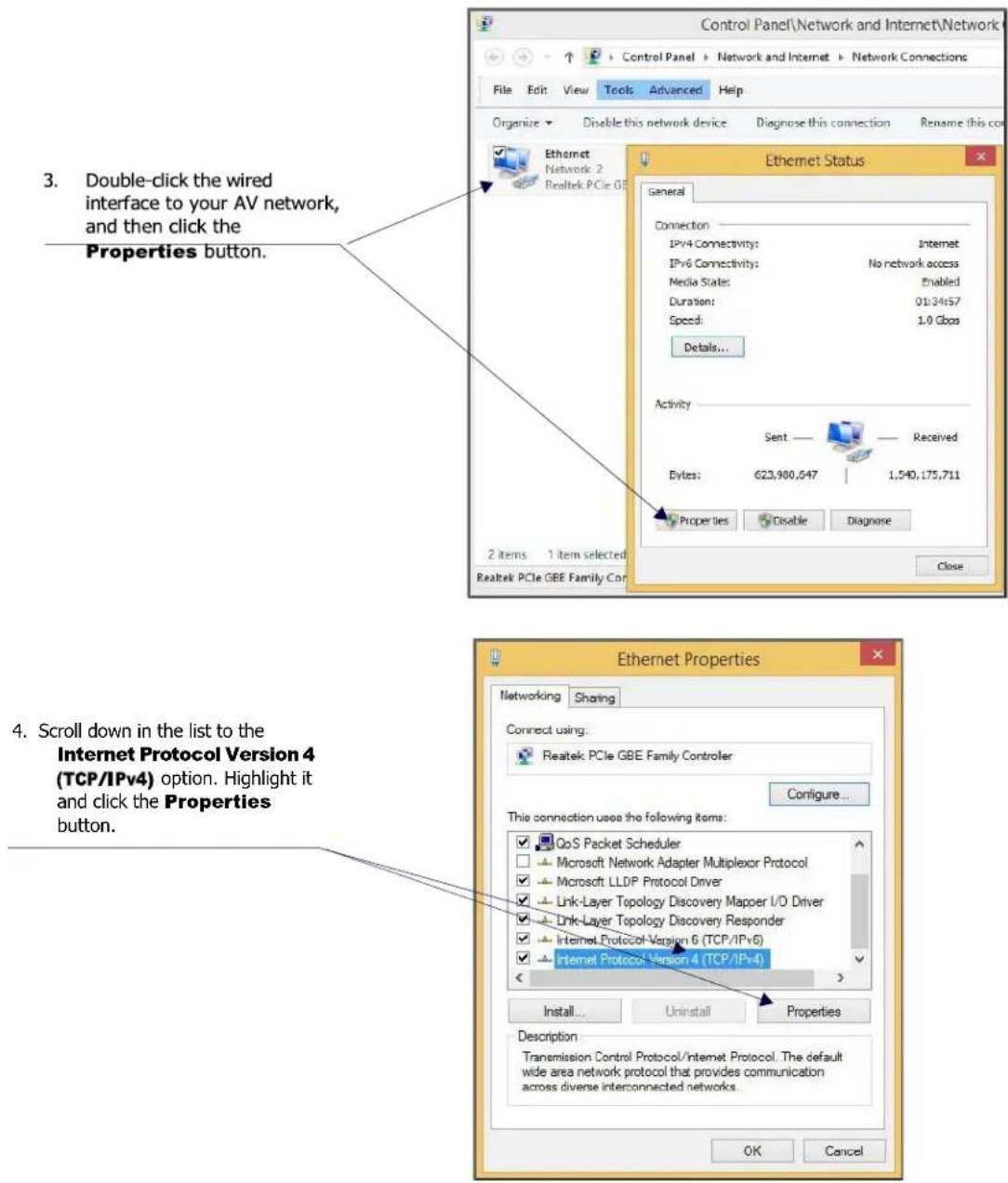 Control Panel\Network and Internet\Network File Edit View Tools Advanced Help Organize Disable this network device Diagnose this connection Rename this con 3. Double-click the wired interface to your AV network, and then click the Properties button. Ethernet Network 2 Realtek PCIe GBE Ethernet Statu…