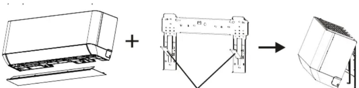 Diagram showing the assembly of a mechanical device with labeled components and a directional arrow indicating process.