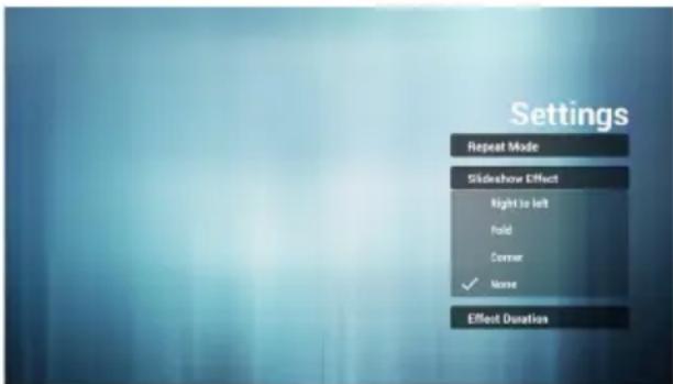 Settings Repeat Mode Slideshow Effect Right to left Fold Corner ✓ None Effect Duration