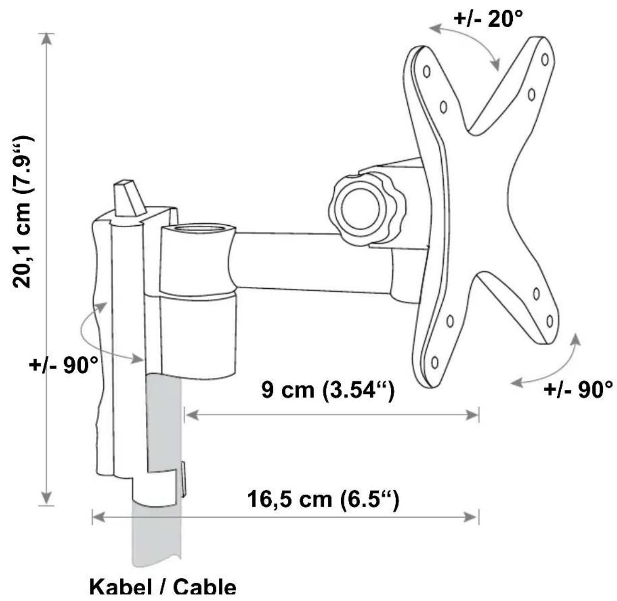 20,1 cm (7.9") +/- 90° 9 cm (3.54") 16,5 cm (6.5") Kabel / Cable +/- 20° +/- 90°