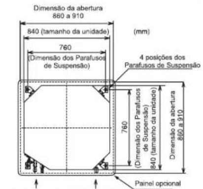 Dimensão da abertura 860 a 910 840 (tamanho da unidade) 760 (Dimensão dos Parafusos de Suspensão) (mm) 4 posições dos Parafusos de Suspensão 760 (Dimensão dos Parafusos de Suspensão) 840 (tamanho da unidade) Dimensão da abertura 860 a 910 Painel opcional