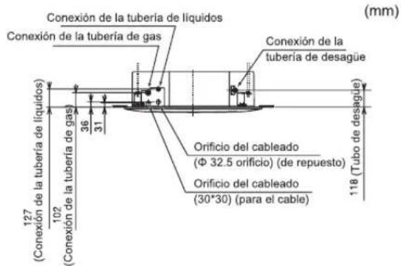 Conexión de la tubería de líquidos Conexión de la tubería de gas Conexión de la tubería de desagüe 127 (Conexión de la tubería de gas) 102 (Conexión de la tubería de gas) 36 31 36 118 (Tubo de desagüe) Orificio del cableado (Φ 32.5 orificio) (de repuesto) Orificio del cableado (30*30) (para el cable) (mm)