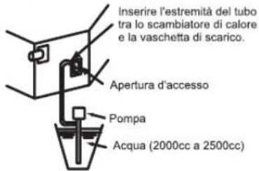 Inserire l'estremità del tubo tra lo scambiatore di calore e la vaschetta di scarico. Apertura d'accesso Pompa Acqua (2000cc a 2500cc)