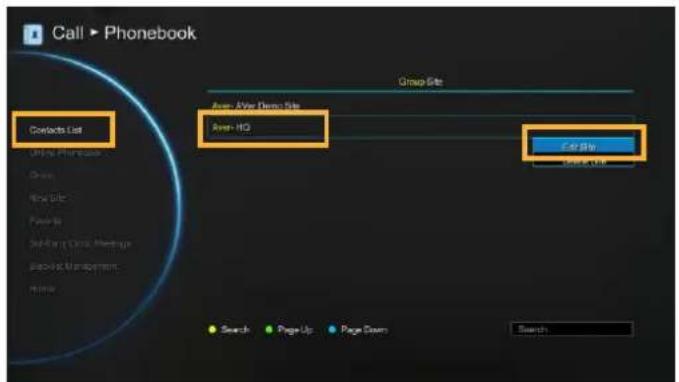 Call > Phonebook Contacts List Group Site Area - After Demo Title Area - HQ Contact Site Search Page Up Page Down Search