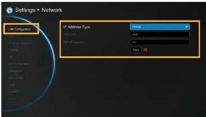 Settings ▶ Network LAN Configuration IP Address Type PHPG OK Cancel Apply ✗