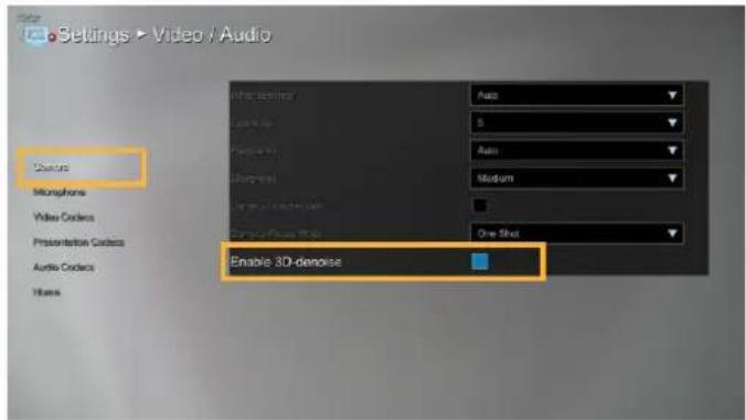 Settings > Video / Audio Options Microphone Video Colors Presentation Colors Audio Colors Hours Auto 5 Auto Medium One Shot Enable 3D-denoise