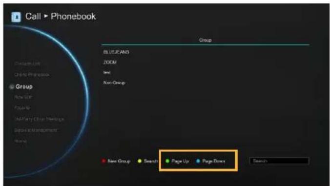 Call ▶ Phonebook Group BLUE JEANS ZOOM New Non-Group New Group Search Page Up Page Down Search