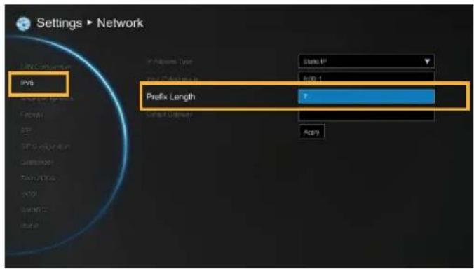 Settings ▶ Network IPv6 Prefix Length State IP 8/07-1 Apply