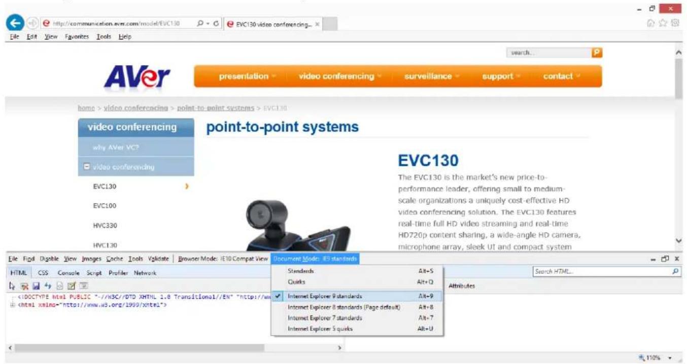 http://communication.avr.com/model/EVC130 EVC130 video conferencing... File Edit View Favorites Tools Help AVer presentation video conferencing surveillance support contact home > video conferencing > point-to-point systems > EVC130 video conferencing why AVer VCP video conferencing EVC130 EVC100 HVC330 HVC130 point-to-point systems EVC130 The EVC130 is the market's new price-to- performance leader, offering small to medium- scale organizations a uniquely cost-effective HD video conferencing solution. The EVC130 features real-time full HD video streaming and real-time HD720p content sharing, a wide-angle HD camera, microphone array, sleek UT and compact system Document Mode: IES standards HTML CSS Console Script Profiler Network