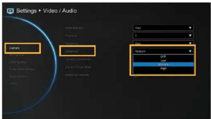 Settings ▶ Video / Audio Camera Medium OFF Low Medium High
