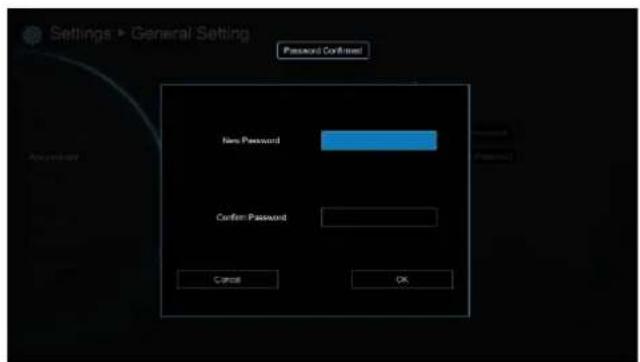Settings > General Setting Password Confirmed New Password Confirm Password Cancel OK