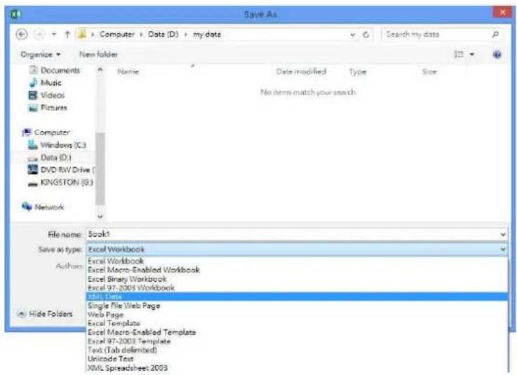 Save As Organize New folder Documents Music Videos Pictures Computer Windows (C:) Data (D:) DVD RW Drive ( KINGSTON (G:) Network File name: Book1 Save as type: Authors Hide Folders Name Date modified Type Size No items match your search. Excel Workbook Excel Workbook Excel Macro-Enabled Workbook Excel Binary Workbook Excel 97-2003 Workbook XML Format Single File Web Page Web Page Excel Template Excel Macro-Enabled Template Excel 97-2003 Template Text (Tab defined) Unicode Text XML Spreadsheet 2003