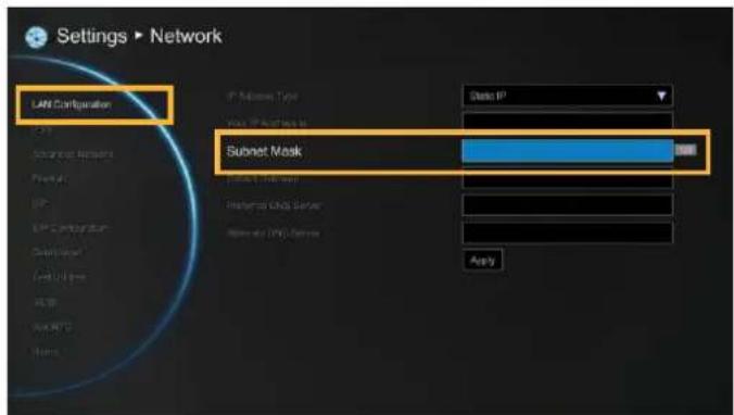 Settings ▶ Network LAN Configuration IP Subnets Type Data IP Web IP/Network IP Subnet Mask Web IP/Network IP Web IP/Network IP Web IP/Network IP Web IP/Network IP Apply