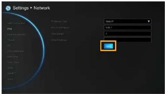 Settings ▶ Network USB Configuration IPv6 Satellite network Natal GAR IP Configuration Gbpsener Feret/Zip SAPR SAPR/C Home IP Address Type You IP Address to Fax Length Fax/10 Address Static IP 7.00.1 P OK