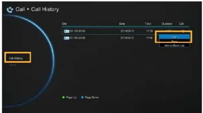 Call ▶ Call History Site Date Time Duration Call 10:100 01:43 2019/03/15 17:39 Call 10:100 03:58 2019/03/15 17:56 Add to Block Use Call History Page Up Page Down