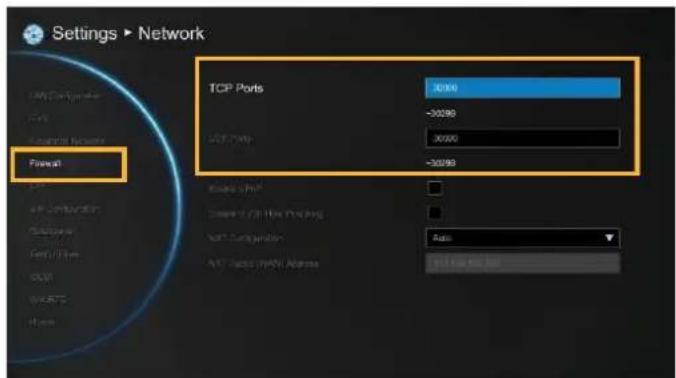 Settings ▶ Network TCP Ports 3090 -30290 TCP Port 3090 -30290 IP Configuration Outflow Ferr/Flow USB WERTS Home Data Ship Current / Off-Box Packing WMT Configuration Auto ATC Select (WNT) Address In Data Bus