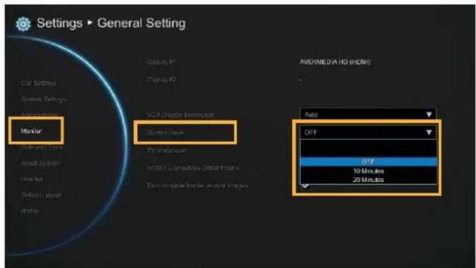 Settings ▶ General Setting Monitor AVERMEDIA HD (HOM) Auto OFF OFF 10 Minutes 20 Minutes