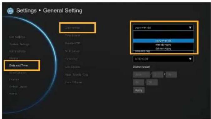 Settings ▶ General Setting Date and Time Time Interval Time Interval Realize NTP NTP Server Transitions Time Update Time Summary / Day Time Summary UTC 0:00 Discounted Apply yyyy-mm-dd yyyy-mm-dd mm-dd-yyyy 88mm-yyyy 200 mm-dd