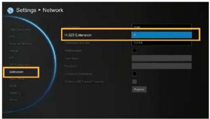 Settings ▶ Network LAN Computation Home Regular Networks Frontier SIP Full Configuration Gateuser H.323 Extension 6 Configuration Address C:\0.0 Authentication User Name: Password: Correct to Gateway Enable Left Forward Connection Regulator