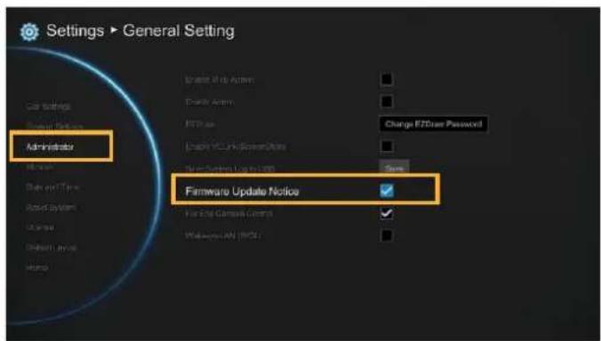 Settings ▶ General Setting Administrator Firmware Update Notice Charge E/ZDrive Password Auto System Log to LSP Save