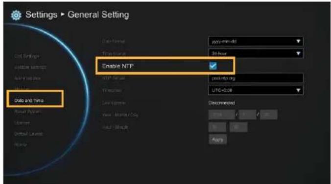 Settings ▶ General Setting Data Settings Update Settings Auto-Stop Bus Data Data and Time Reset Options Subset Detail Lenses Home Enable NTP FTP Service Transaction Local Options View Data Link View Schedule ypt-mn-dil 24-hour ypt-mn-dig UTC=0.50 Decremented 100% 30% Apply