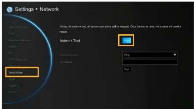 Settings ▶ Network LAN 100000000 Gray Applied Options F25000 SP SP Cloud System Test Utilities During the network tool, all system operations will be stopped. Once the test is done, the system will need a network. Network Test Test Command Ring Run