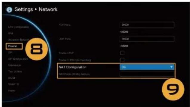 Settings ▶ Network User Configuration IPAL Access Netting Power1 DP DP Configuration Gelencoson Test Utilities BOSI STARTED Power FOP Phone: 30000 -33266 UDP Phone: 50000 -33264 Enable UFP Enable HUSB Node Switching NAT Configuration: On NAT Public Security Adder 8 9