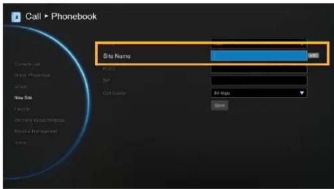 Call ▶ Phonebook Site Name Phone Name Color Size Call Quality 64 Kips Speed