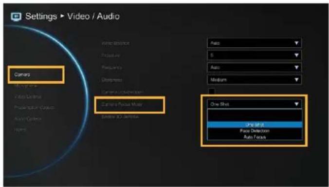 Settings ▶ Video / Audio Camera Camera Focus Money Auto Auto Medium One Shot One Shot Face Detection Auto Focus