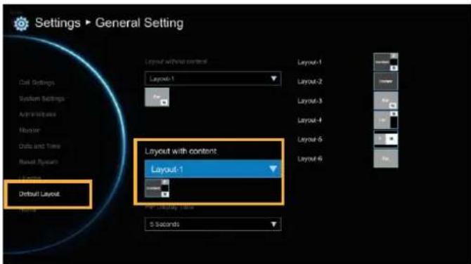Settings ▶ General Setting Cell Settings System Settings Administrative Number Data and Time Rural System Default Layout Layout without content Layout-1 Layout-2 Layout-3 Layout-4 Layout-5 Layout-6 Layout with content Layout-1 Per Display Time 5 Seconds