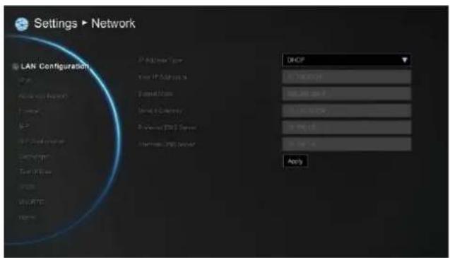 Settings ▶ Network LAN Configuration Type: Active Web Application Access IP TCP/IP Internet Network Network Network Network Network Network Network Network Network Network Network Network Network Network Network Network Network Network Network Network Network Network Network Network Network Network Network Network Network Network Network Network Network Network Network Network Network Network Network Network Network Network Network Network Network Network Network Network Network Network System