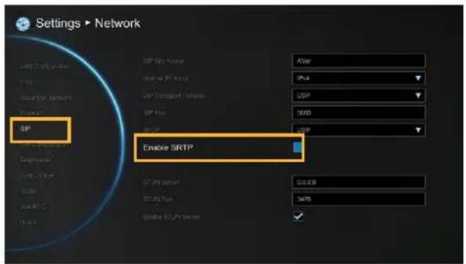 Settings ▶ Network SP Enable SRTP SP Bin Name Name Project SP Transport Version SP Bus SP IP Aver IP-4 USB 3000 USB SP US server STUS Type Enable SLTP Server G1.0.0 3475