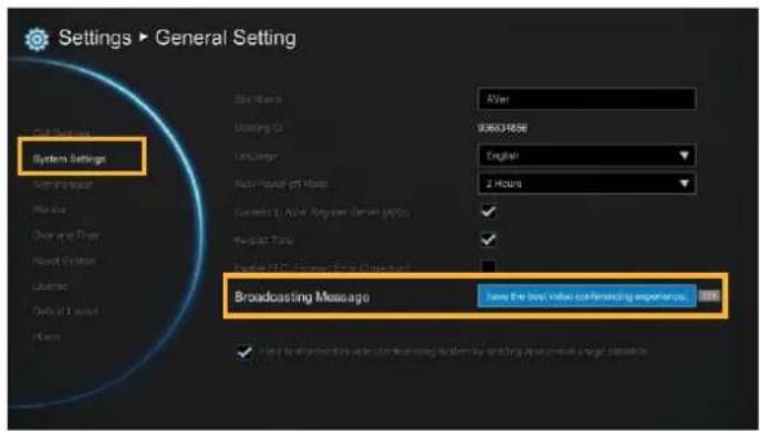 Settings ▶ General Setting System Settings Options Panel Size Map: After 036531856 Language: English 2 Hours Current U/A/ Rogers Server (AOS) ✓ Relief Data ✓ Data ID: Windows 9.0 (Windows 9.0) Broadcasting Message: Have the best video conferencing exporter us. ✓ Use the following options to perform a new system by setting the new data set.