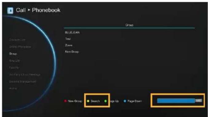 Call ▶ Phonebook Group BLUEJAN Test Zoom New-Group New Group Search Page Up Page Down