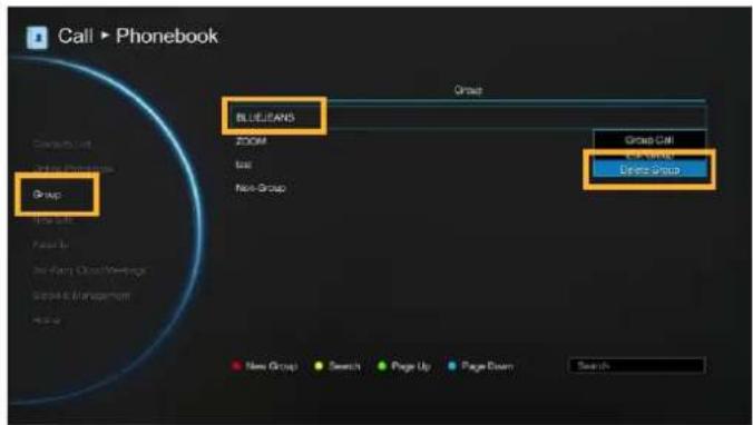 Call > Phonebook Group BLUEANS Zoom New New Group Group Call Open Name Blue Box New Group Search Page Up Page Down Search