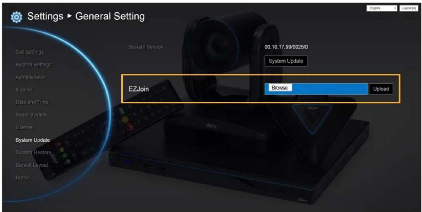 Settings ▶ General Setting Call Settings System Settings Administrator Monitor Date and Time Reset System License System Update System Restore Default Layout Home System Version 00.10.17.99/0025/0 System Update EZJoin Browse Upload