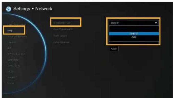 Settings ▶ Network IPv6 Static IP Static IP Auto Apply
