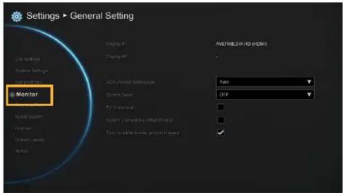 Settings ▶ General Setting USB Settings System Settings Components Monitor Display P: Playing AF VGA Cluster Remotion System Data TV Information HDMI Combinable Offset Filter Type of white filter array images AVERMED-A HD (HCM) Auto OFF