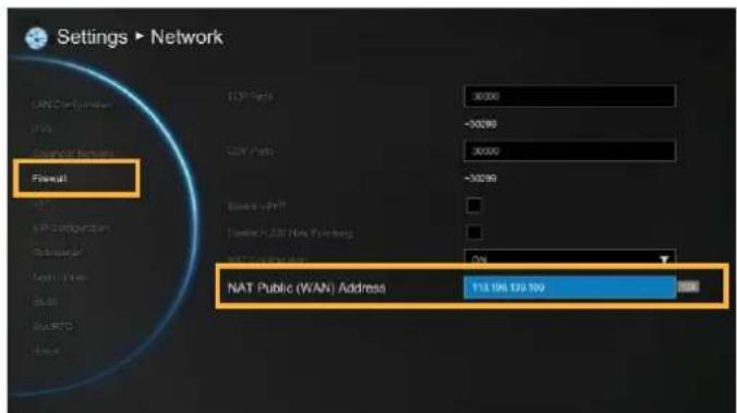 Settings > Network LAN Configurations FOS NAT Public Network Fisecult TCP Ports 30000 -30290 TCP Ports 30000 -30290 Energetation 113 106 133 169 Energetation 113 106 133 169 NAT Public (WAN) Address 113 106 133 169