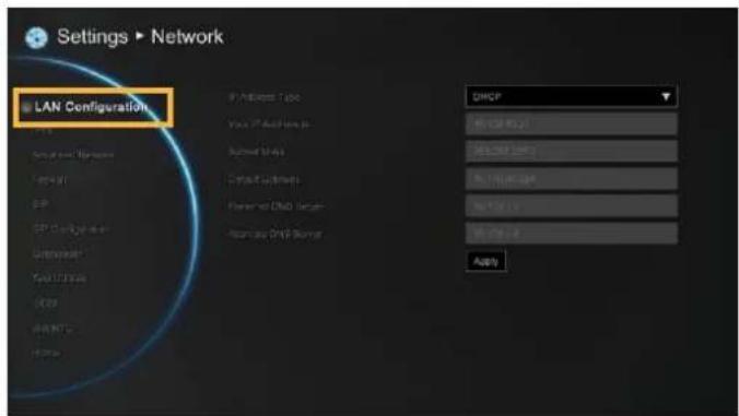 Settings ▶ Network LAN Configuration IP Address Type Your IP Address to: Address type: Default Options Powered DNS Server Recognize DNS Server DHCP © LCM 8021 © LCM 8021 © LCM 8021 © LCM 8021 Apply
