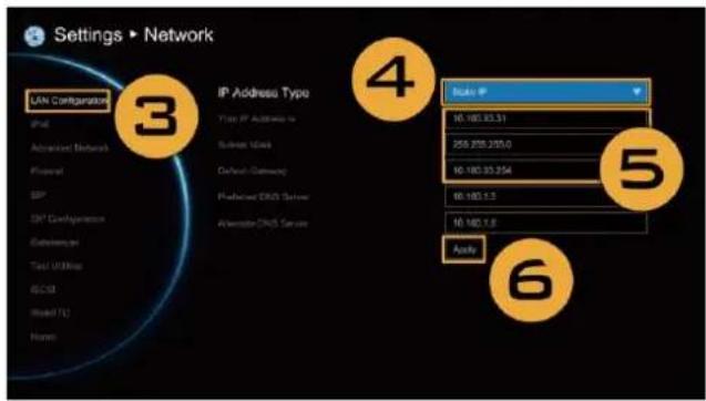 Settings ▶ Network LAN Configuration IP地址 Advanced Network Proximal SIP SIP Configuration Accessories Text USB/Map 82C33 Model TC Home IP Address Type Type IP Address Type Submit Items Default Gateway Phased DNS Server Alternative DNS Server Make IP 10.180.35.31 255 255.255.0 10.180.35.254 90.180.1.3 10.180.1.8 Apply 4 5 6