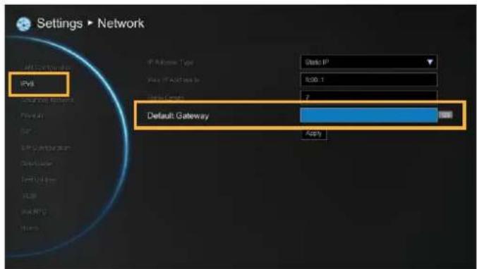 Settings ▶ Network IPv8 Default Gateway Data IP 500.1 7 Apply