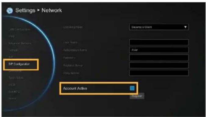Settings ▶ Network SIP Configuration Account Active Beginner End Subs Author/Source Name Password: Telephone Name Phone Name Beginner End Subs Account Active Beginner