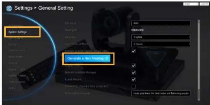 Settings > General Setting System Settings Generate a New Meeting ID Show: 100% OK/OK/OK English 2 Weeks Show you have the text when we're following an icon