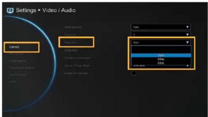 Settings ▶ Video / Audio Camera Video Camera Photo Auto Auto Info 50Hz 60Hz
