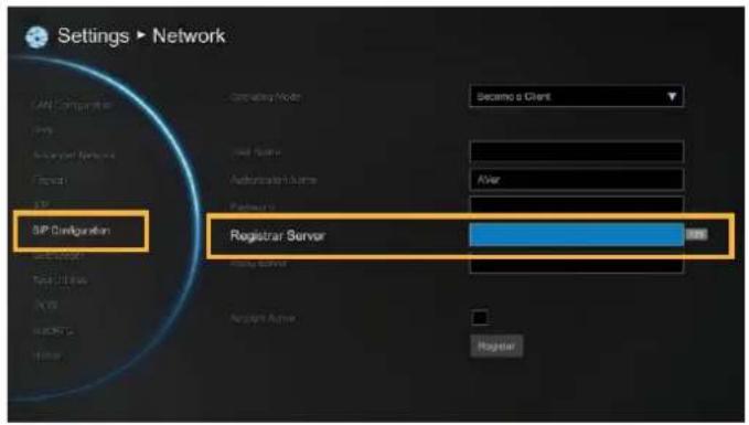 Settings ▶ Network SIP Configuration SIP Operating Mode Secemo a Client Load Driver After Automatic User Name Partner Registrar Server Register Regulator Active Account Active Register